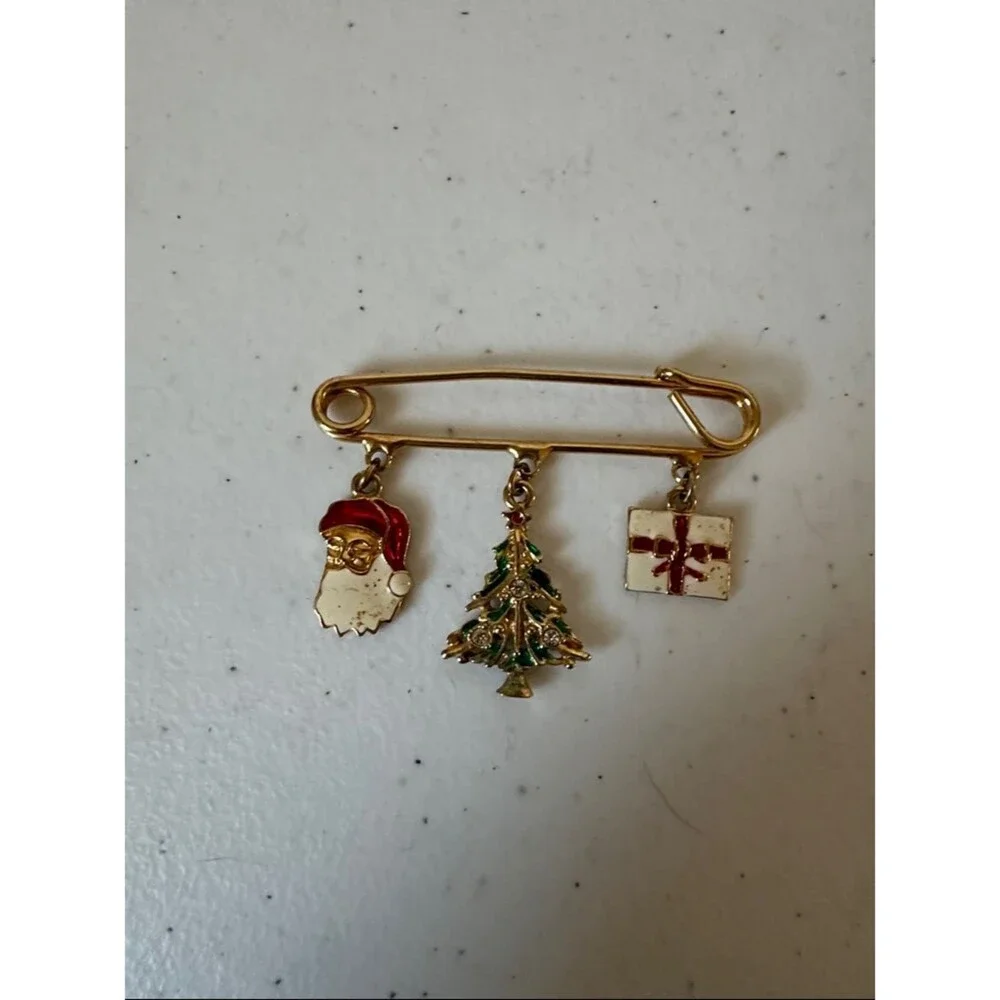 Gold-tone Christmas Charm Safety Pin Brooch - Santa, Tree & Gift